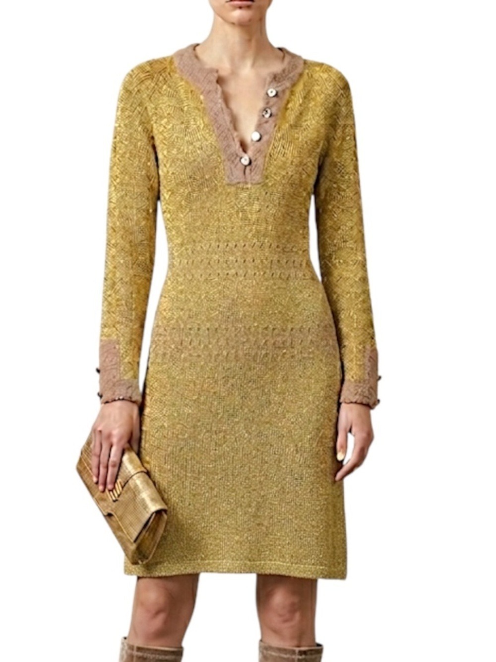 Vintage 60s 70s mod metallic gold lurex long sleeve knit retro midi dress 12